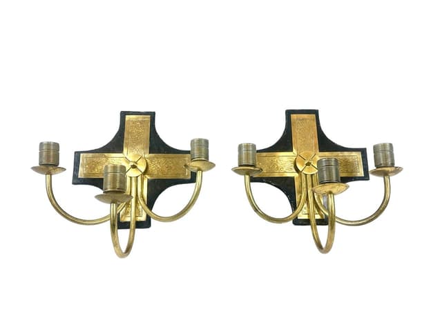 Pair of church wall lamps, black metal, golden brass, Belgium, 1970s. - DIMENSION