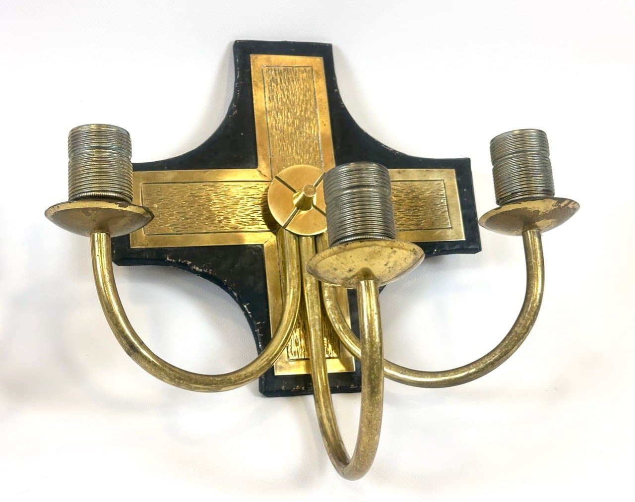 Pair of church wall lamps, black metal, golden brass, Belgium, 1970s. - 153806