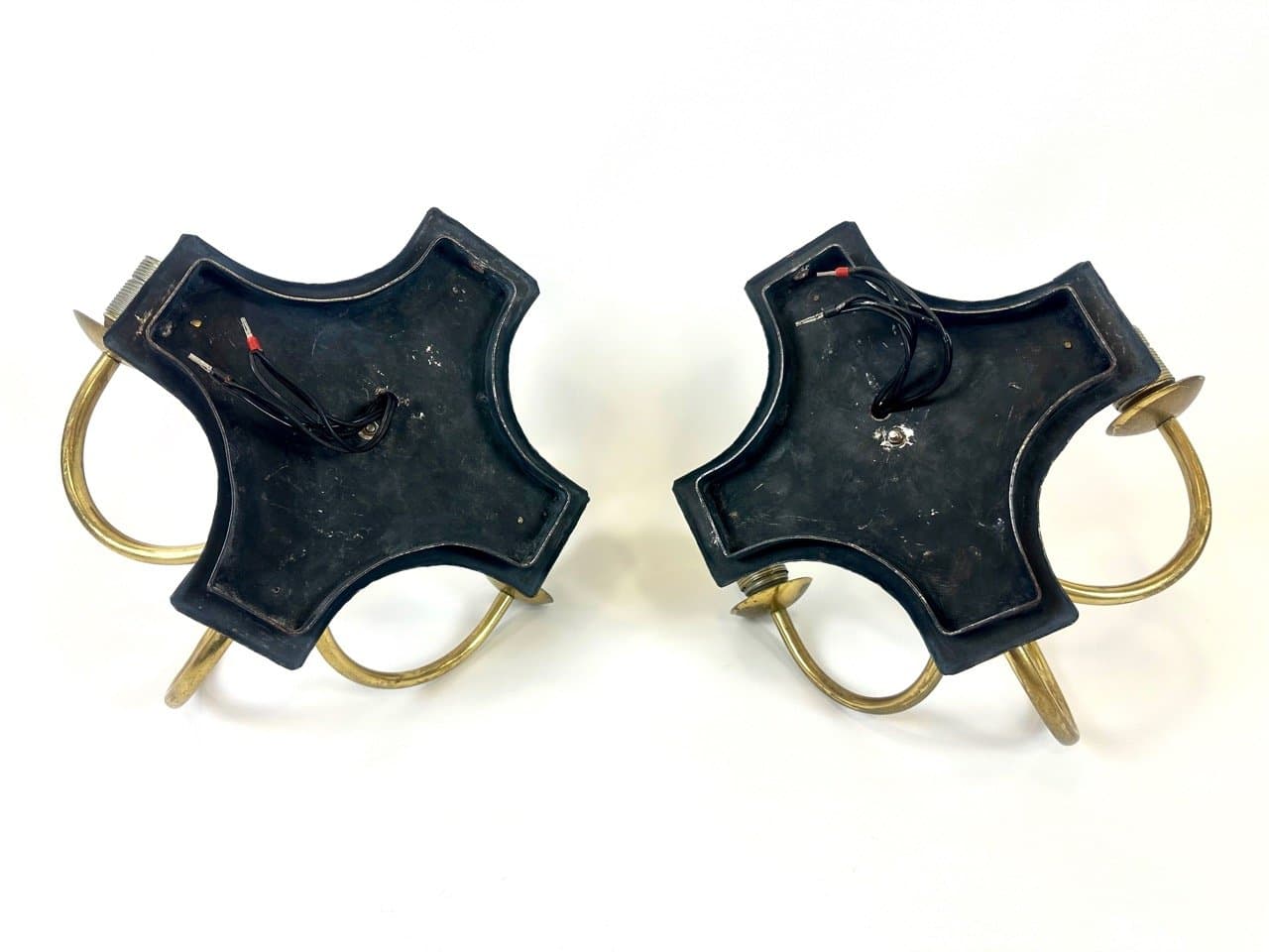 Pair of church wall lamps, black metal, golden brass, Belgium, 1970s. - 153811