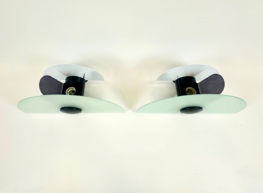 Pair of wall lamps, black metal, opaline glass, by G. Gramigna, Italy, 1980s. - 154055