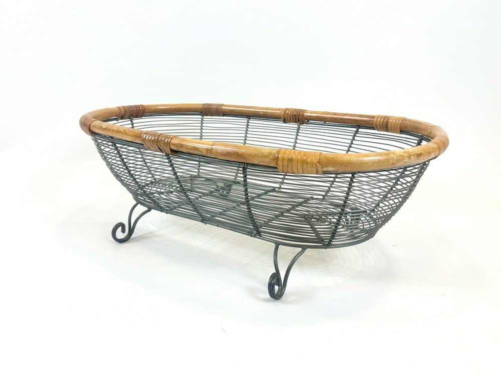 Openwork basket, natural bamboo, grey metal, Germany, 1960s - 154131