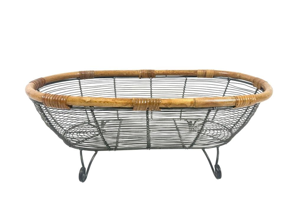 Openwork basket, natural bamboo, grey metal, Germany, 1960s