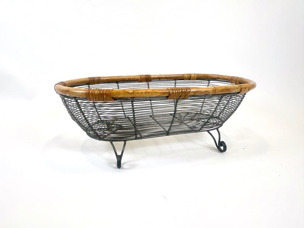 Openwork basket, natural bamboo, grey metal, Germany, 1960s - 154140