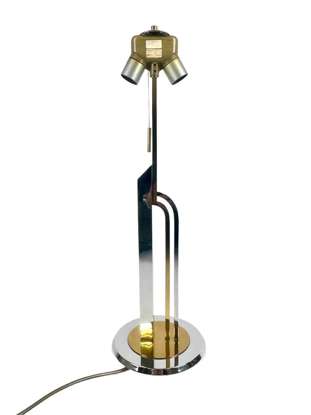 Lampa stołowa postmodernistyczna, mosiądz złoty, stal chromowana srebrna, Niemcy, lata 90. - WYMIARY