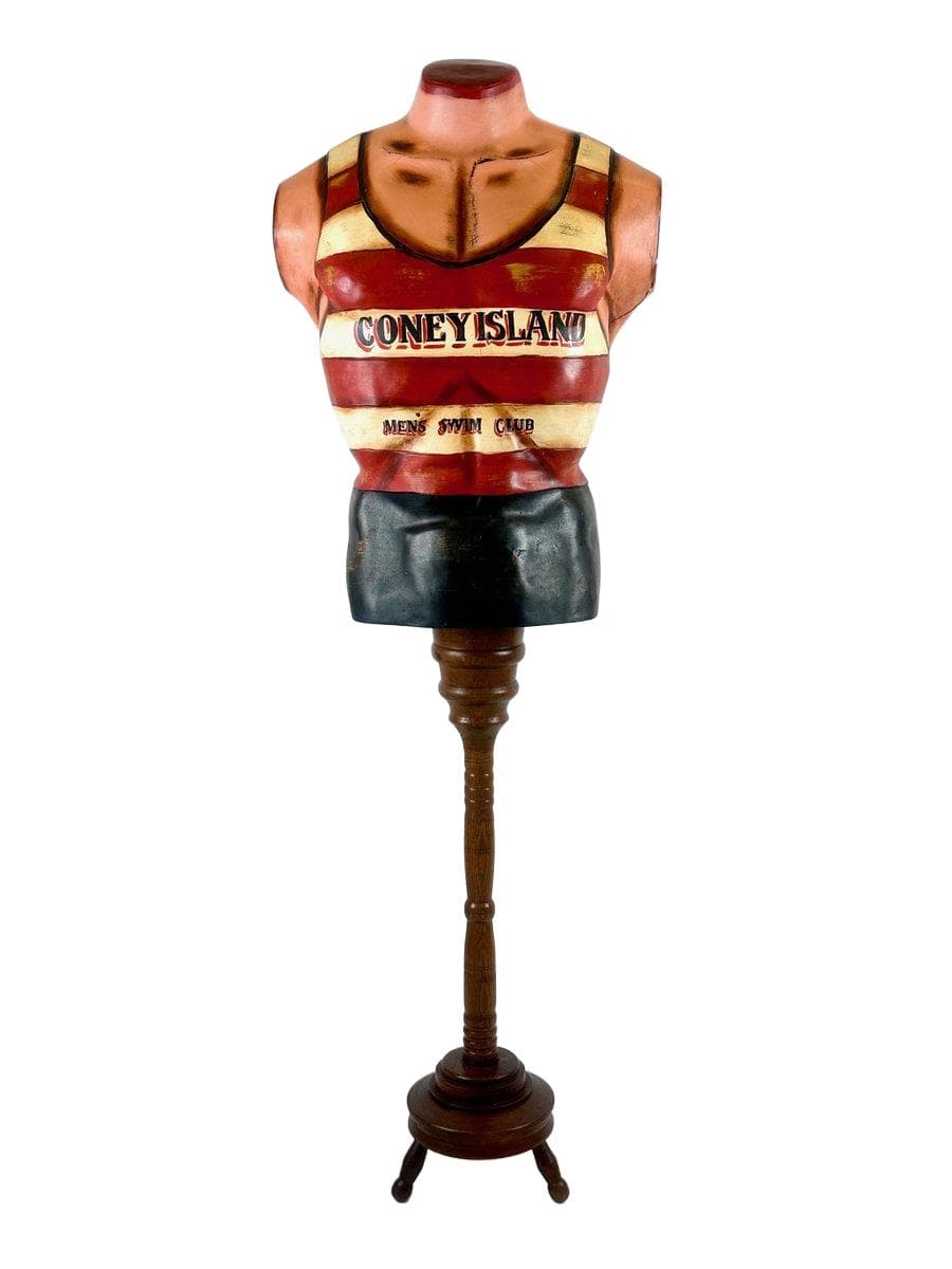 Manekin torsu Coney Island Mens Swim Club, czerwony, dąb, plastik, USA, lata 60.
