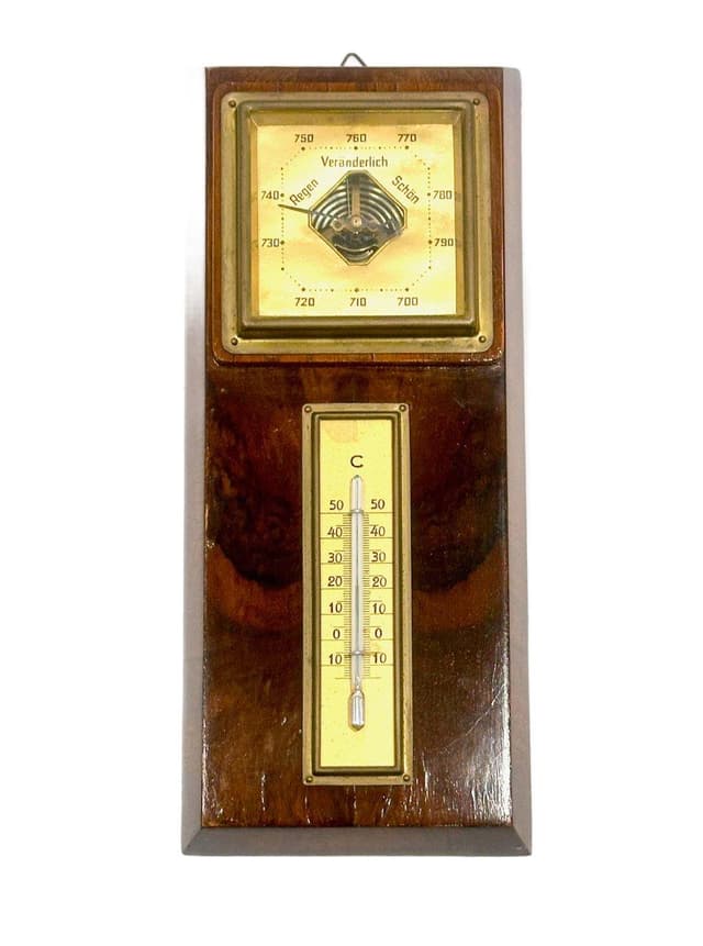 Stacja pogodowa Art Deco, orzech brązowy, mosiądz, Niemcy, lata 30. - WYMIARY