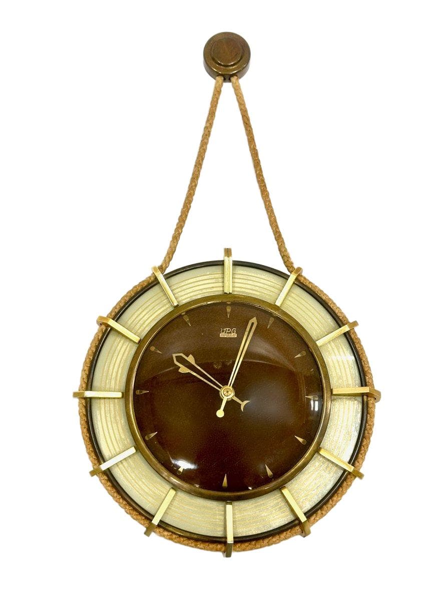 Wall clock, brown, brass, Germany, 1960s.
