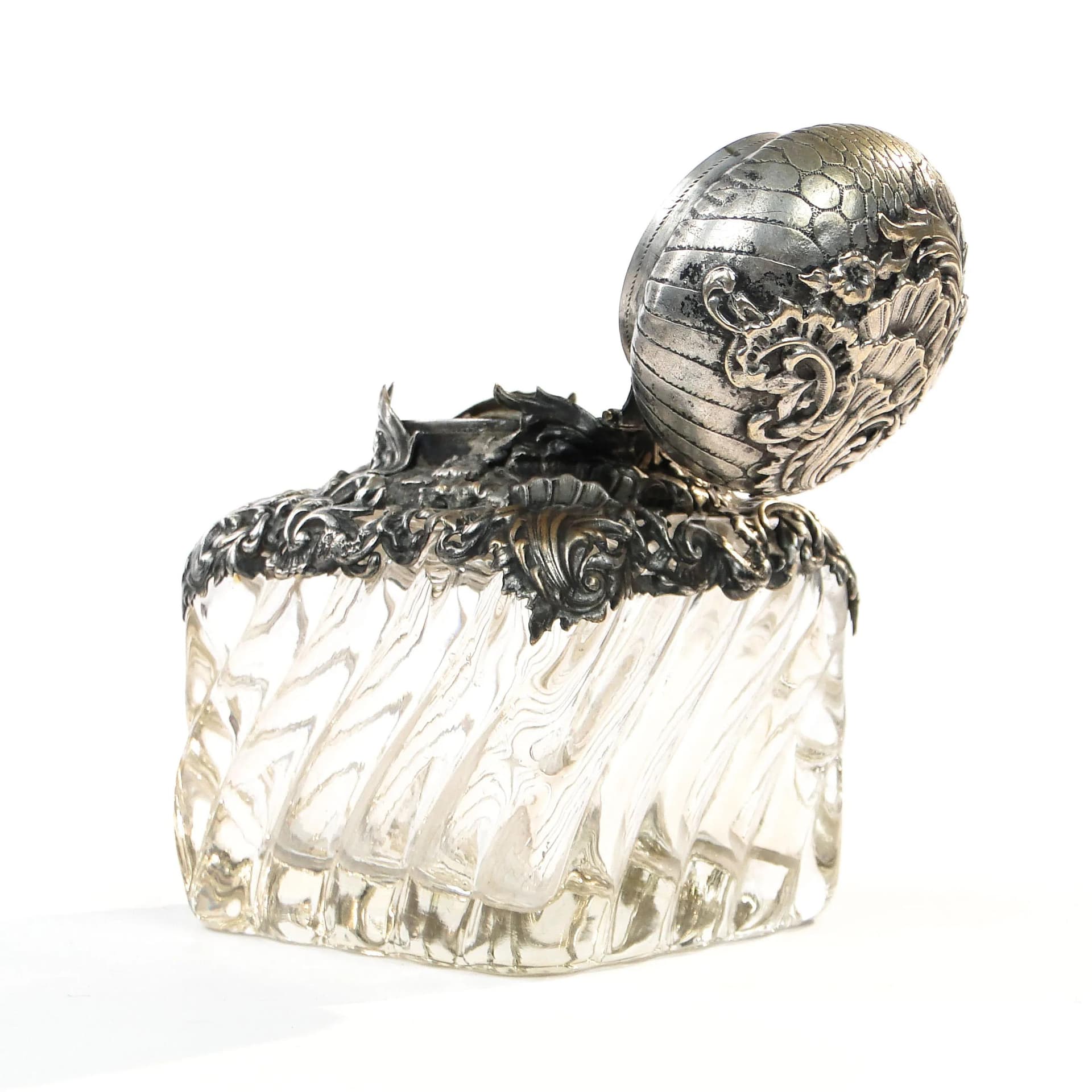 Kałamarz gabinetowy Rococo, szkło transparentne, mosiądz platerowany srebrem, Baccarat, Francja, XIX w. - 9544