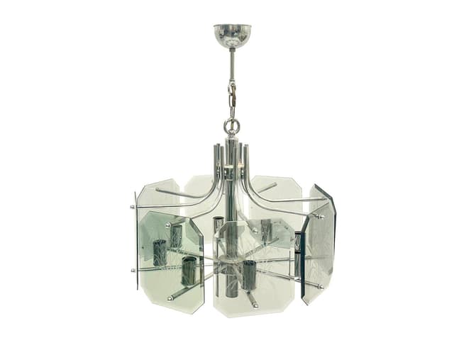 Żyrandol, postmodernistyczny, chromowany metal srebrny, szkło dymione, Niemcy, lata 80. - WYMIARY