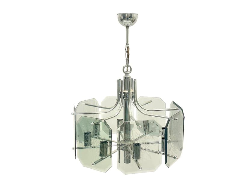 Żyrandol, postmodernistyczny, chromowany metal srebrny, szkło dymione, Niemcy, lata 80.