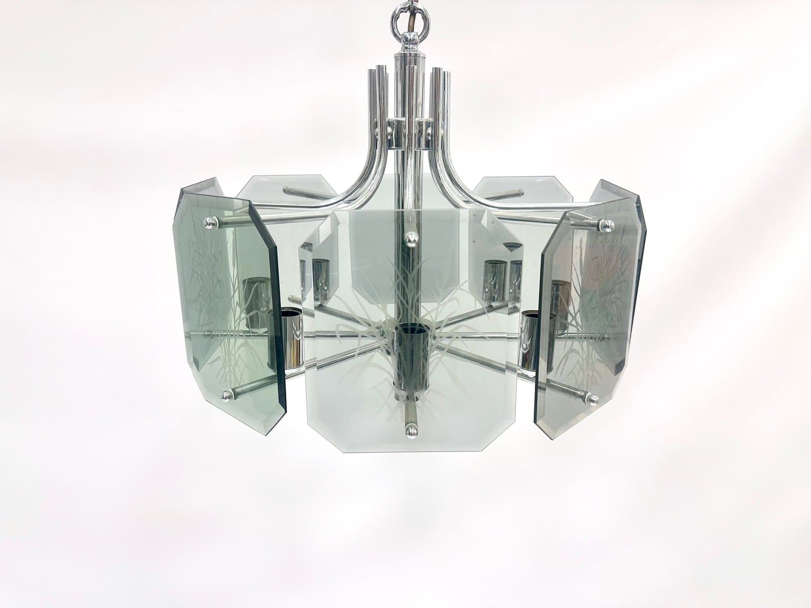 Żyrandol, postmodernistyczny, chromowany metal srebrny, szkło dymione, Niemcy, lata 80. - 154732