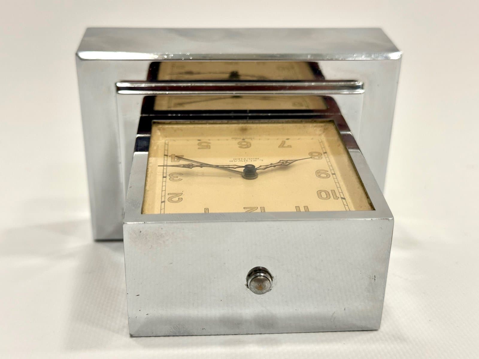 Zegar kominkowy z funkcją skarbonki, Art Deco, srebrny, proj. L. Schwab, Szwajcaria, lata 30. - 154988