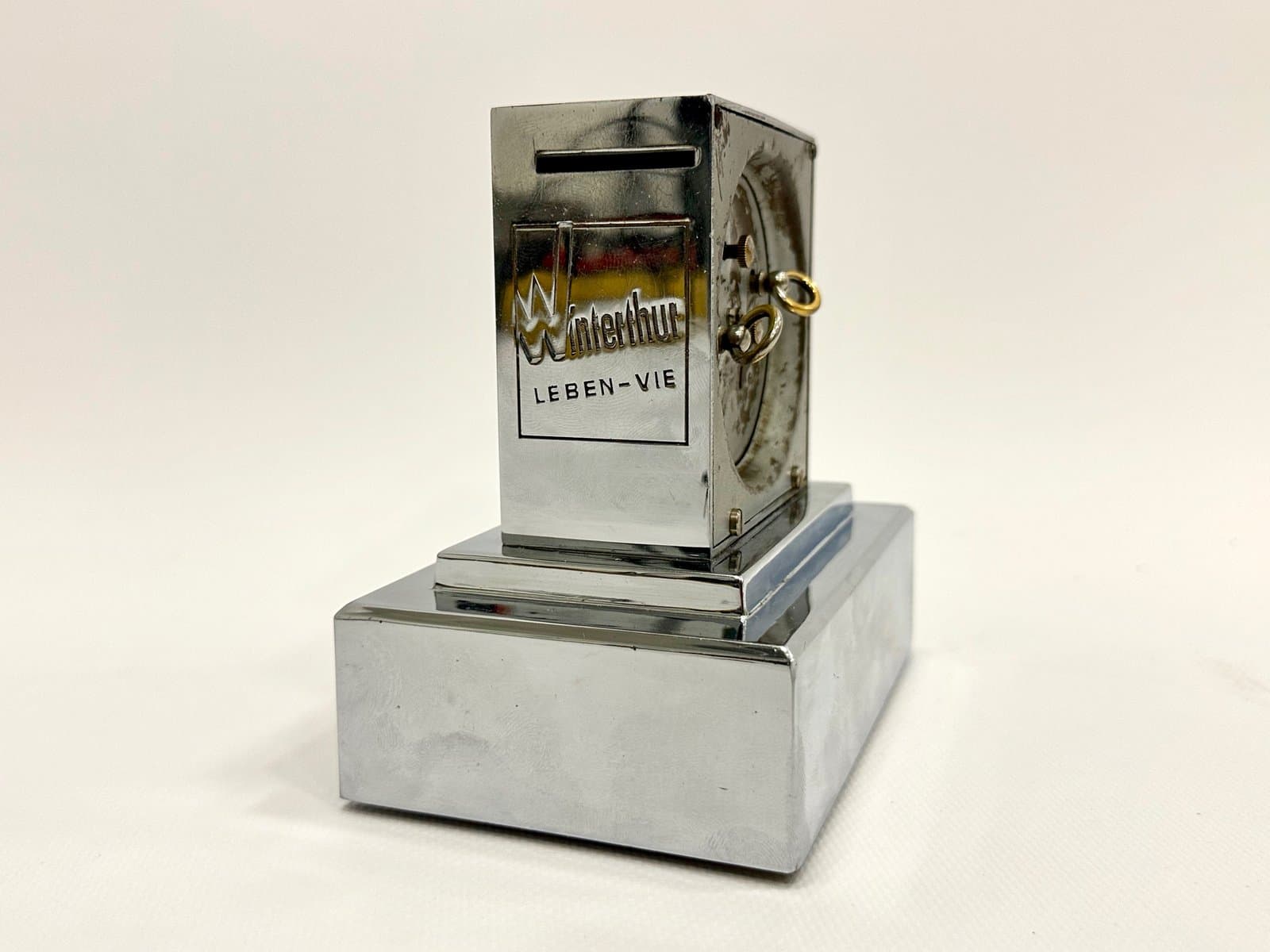 Zegar kominkowy z funkcją skarbonki, Art Deco, srebrny, proj. L. Schwab, Szwajcaria, lata 30. - 154983