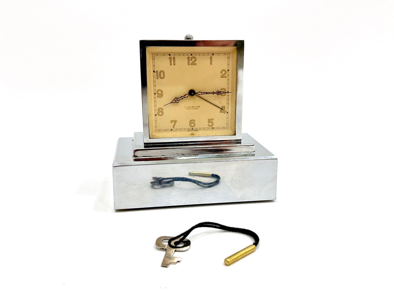 Zegar kominkowy z funkcją skarbonki, Art Deco, srebrny, proj. L. Schwab, Szwajcaria, lata 30. - 154984