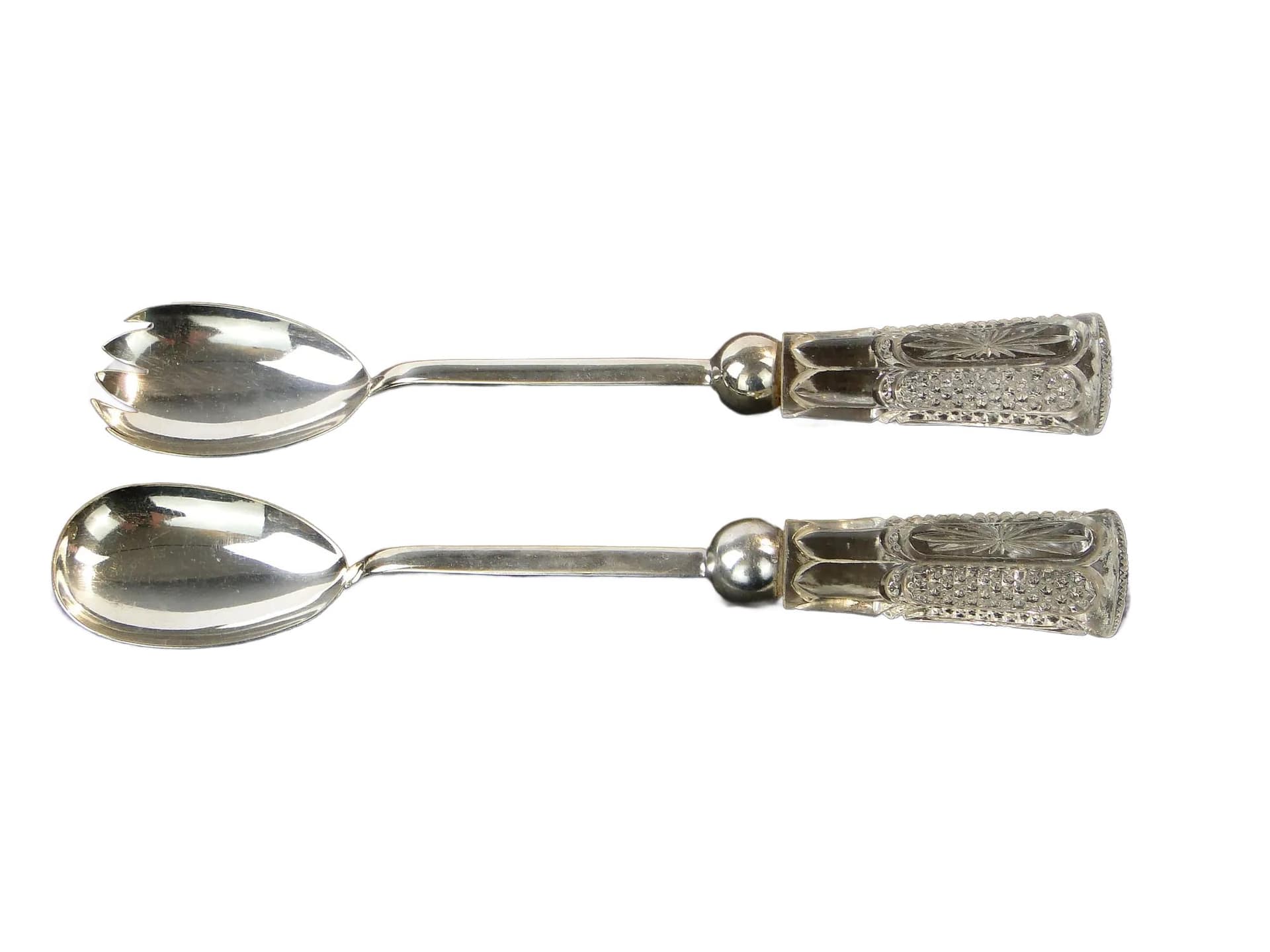 Salad servers, transparent crystal, silver-plated brass, United Kingdom, 1940s.