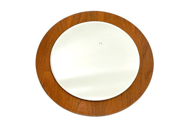 Wall mirror round, teak, light brown glass, Germany, 1970s - DIMENSION