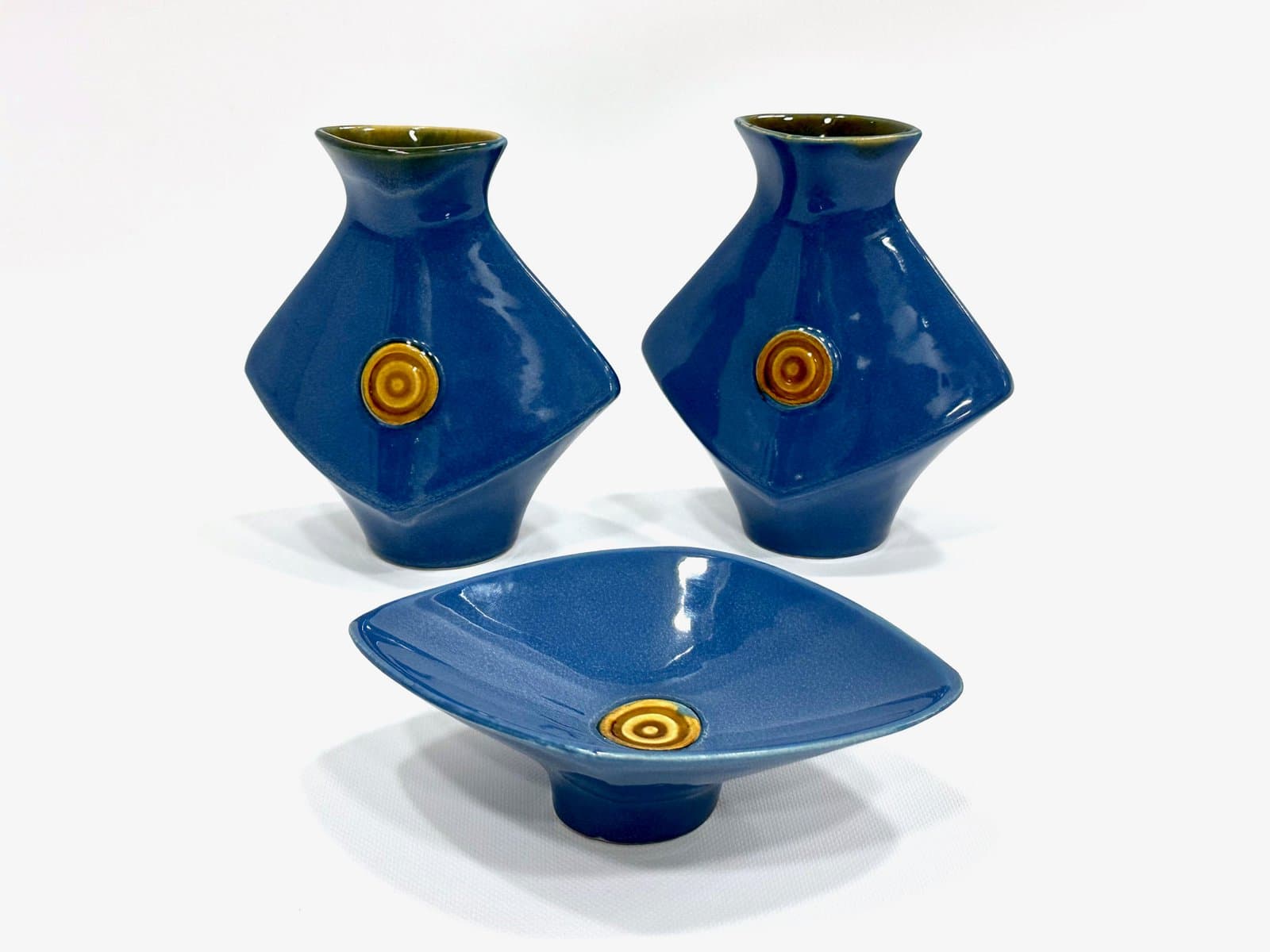 Zestaw wazonów i miski, niebieski, ceramika, Czechosłowacja, lata 70. - 155114