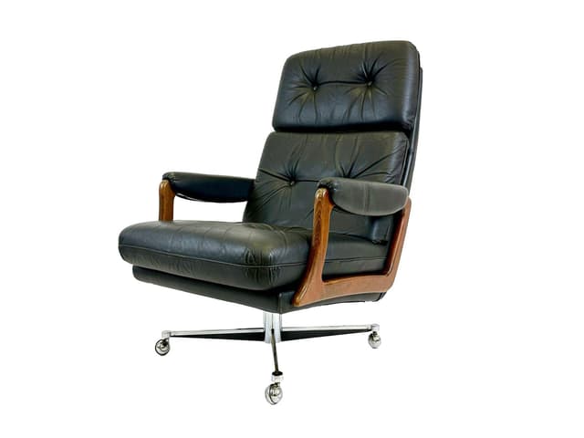 Fotel obrotowy, skóra czarna, buk, stal, Niemcy, lata 70. - WYMIARY