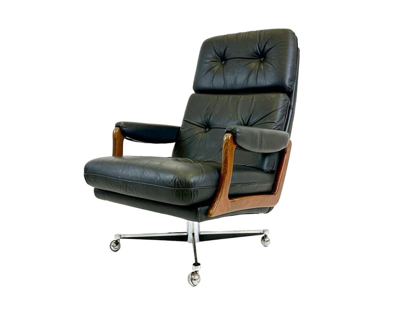 Fotel obrotowy, skóra czarna, buk, stal, Niemcy, lata 70.