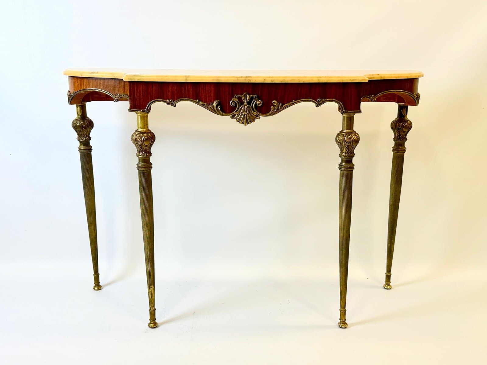Konsola, styl Ludwika XVI, marmur beżowy, mosiądz złoty, fornir orzech, Francja, XIX w. - 155179