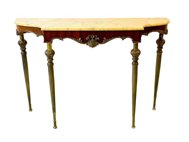 Konsola, styl Ludwika XVI, marmur beżowy, mosiądz złoty, fornir orzech, Francja, XIX w. - WYMIARY