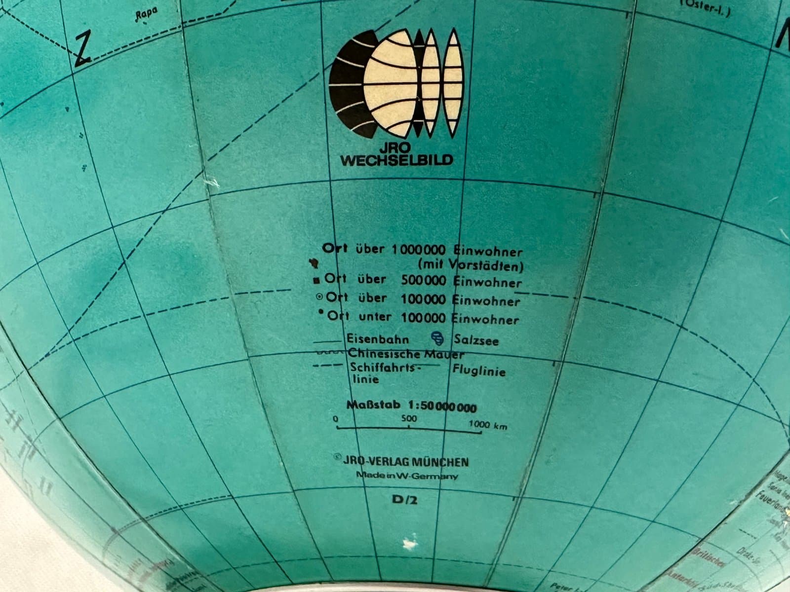 Globus podświetlany, turkusowy, akryl, drewno, metal, Niemcy, lata 60. - 155280
