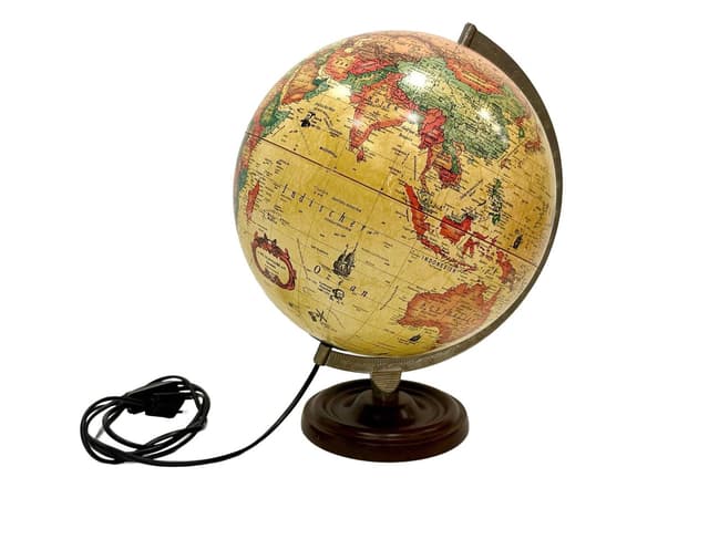 Globus podświetlany, beżowy, metal, plastik, teak, Dania, lata 90. - WYMIARY