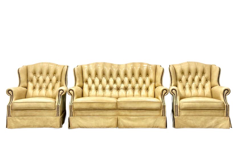 Zestaw Chesterfield, beżowa skóra, Francja, lata 80.