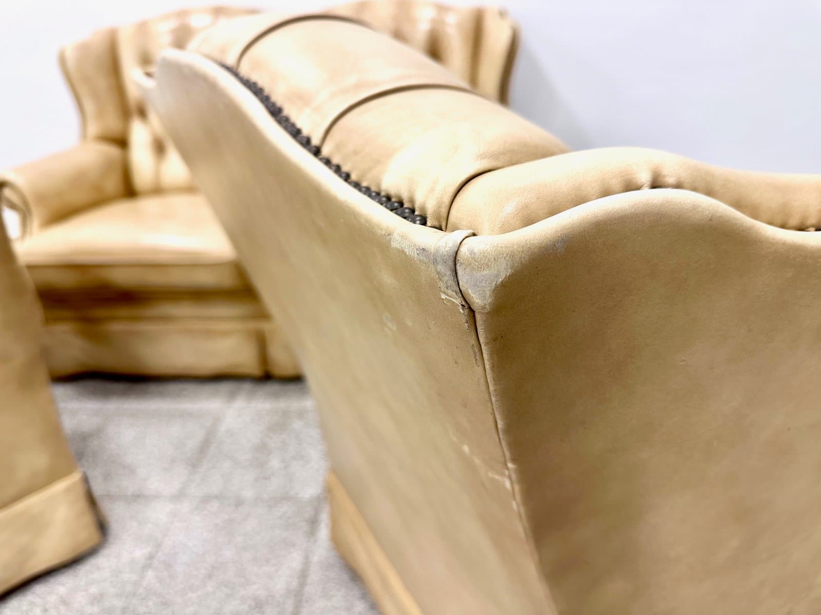 Zestaw Chesterfield, beżowa skóra, Francja, lata 80. - 155401