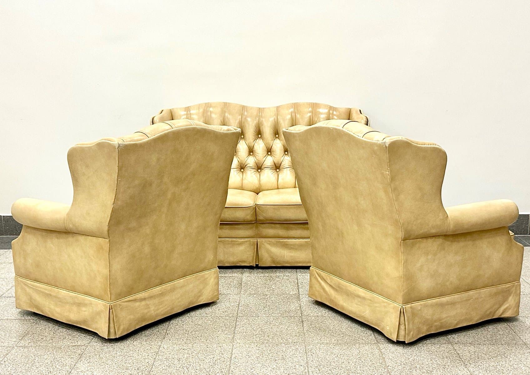 Zestaw Chesterfield, beżowa skóra, Francja, lata 80. - 155403