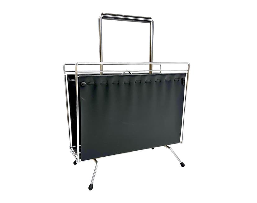 Stojak na gazety, czarny winyl, stal chromowana srebrna, Niemcy, lata 70.