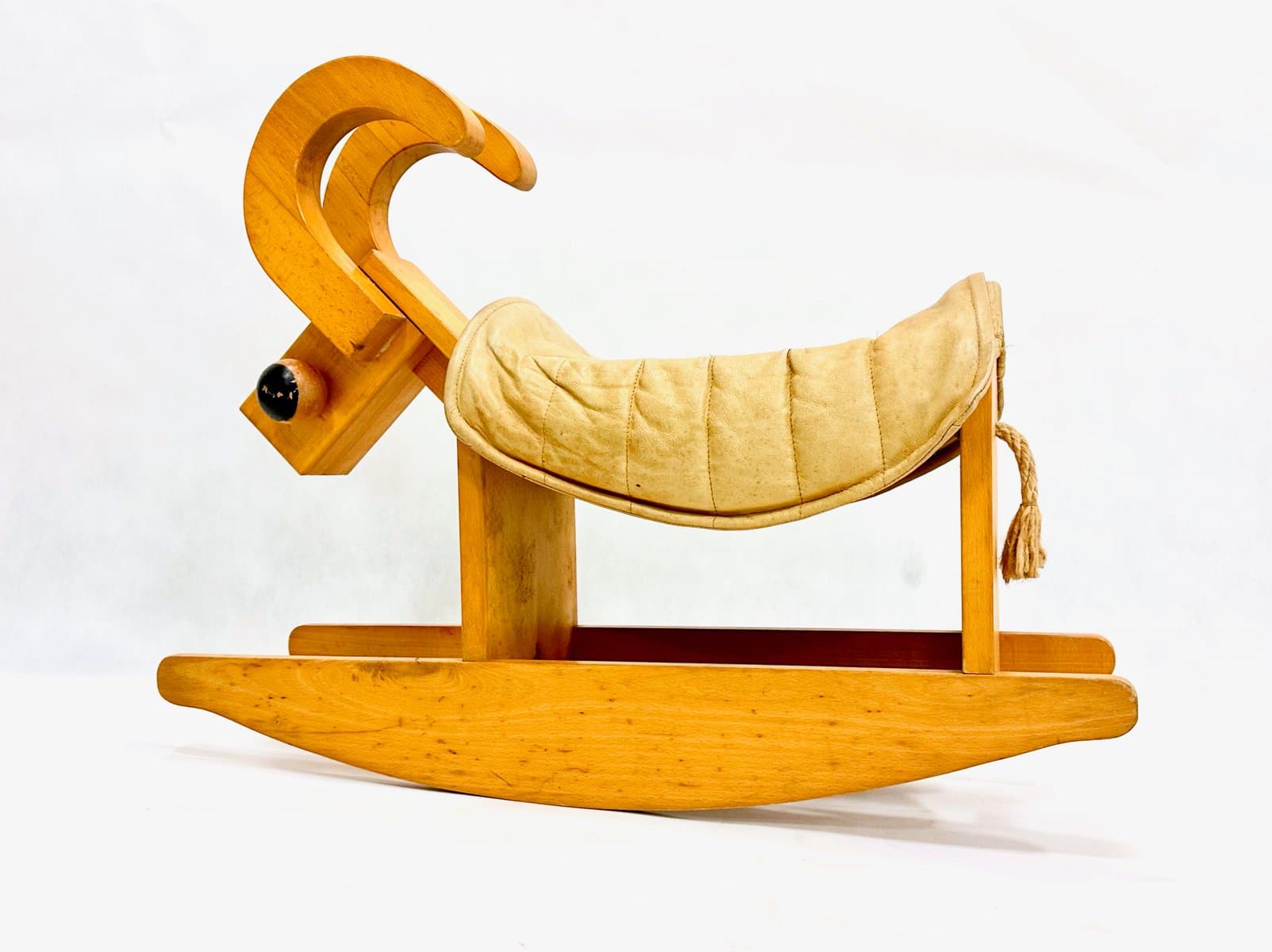 Rocking billy goat, beige leather, wood, Germany, 1960s. - 155512