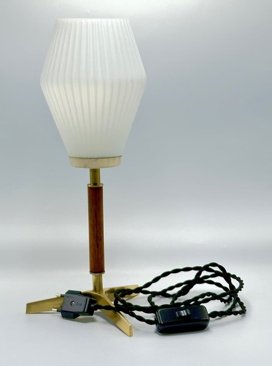 Table Lamp Tripod, golden brass, brown teak, white glass, Austria, 1950s. - 155640
