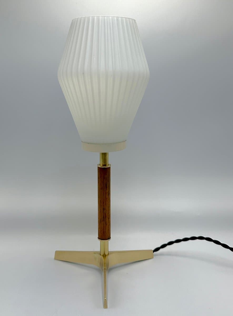 Table Lamp Tripod, golden brass, brown teak, white glass, Austria, 1950s. - 155641