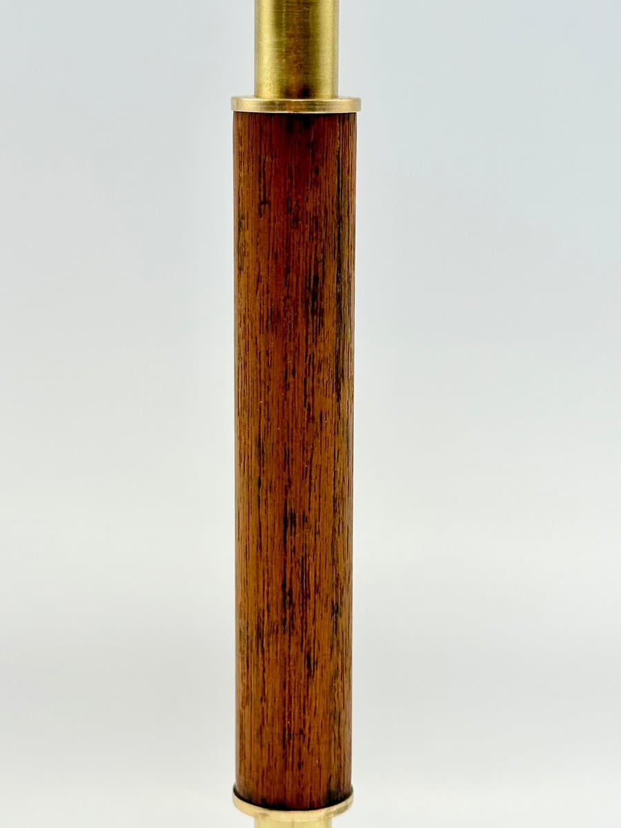 Table Lamp Tripod, golden brass, brown teak, white glass, Austria, 1950s. - 155648