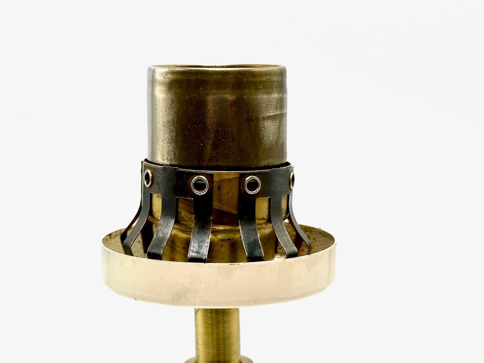 Table Lamp Tripod, golden brass, brown teak, white glass, Austria, 1950s. - 155649
