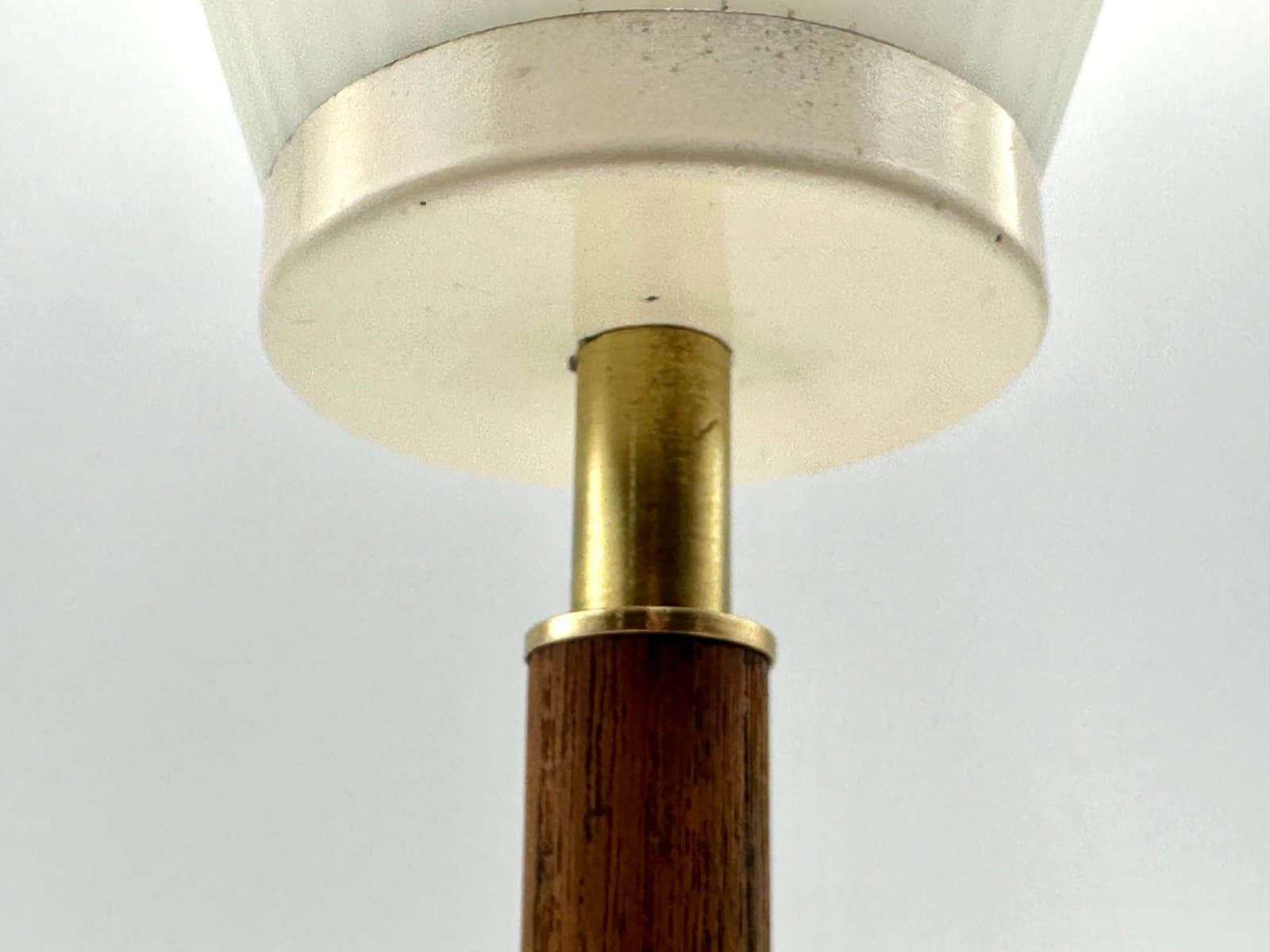 Table Lamp Tripod, golden brass, brown teak, white glass, Austria, 1950s. - 155644