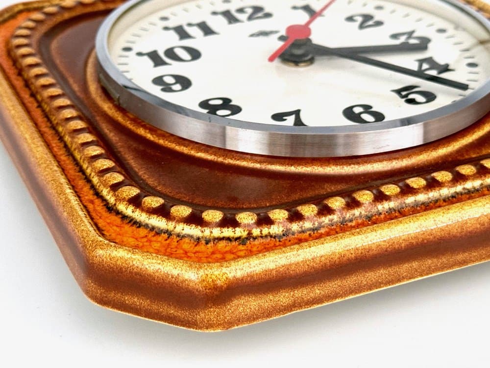 Wall clock, brown orange, ceramic, Germany, 1960s. - 155702