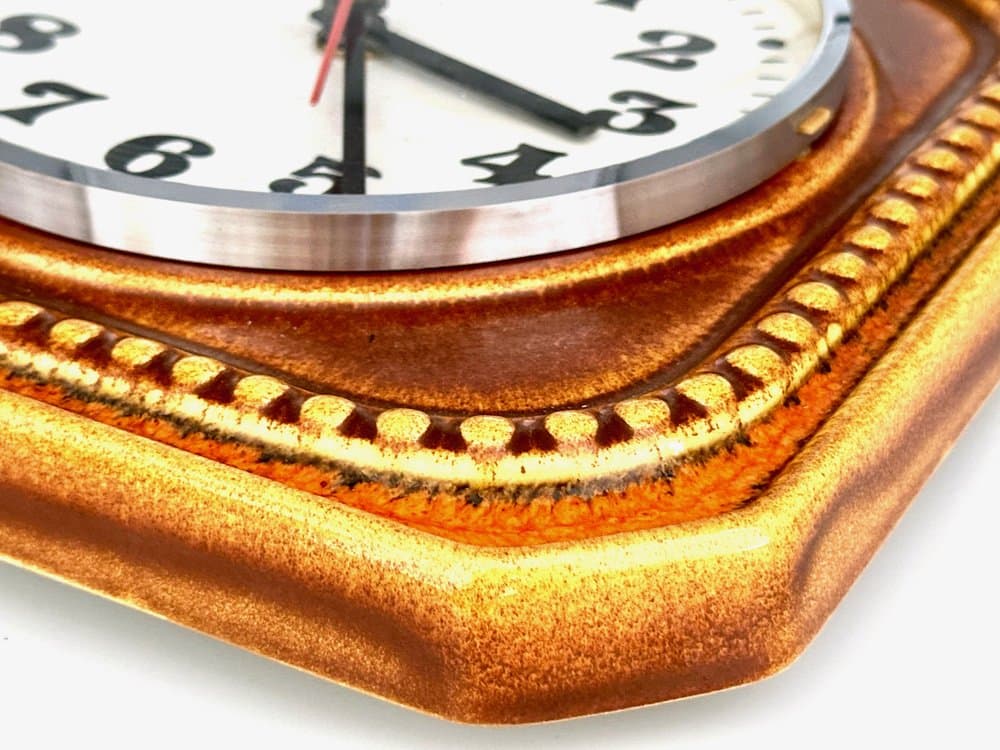 Wall clock, brown orange, ceramic, Germany, 1960s. - 155701