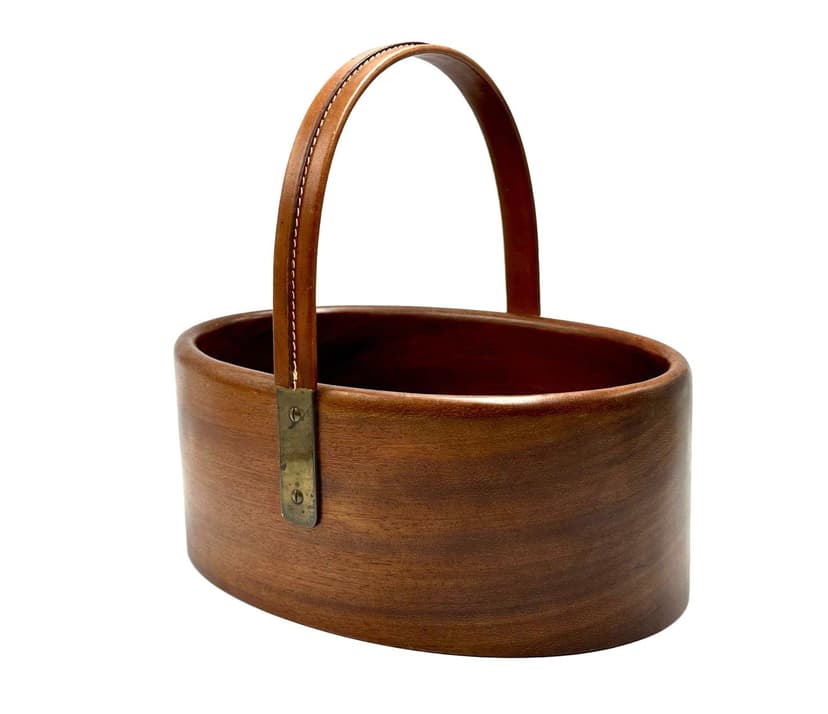 Kosz, brązowy ciemny, teak skóra, proj. C. Auböck, Austria, lata 50.