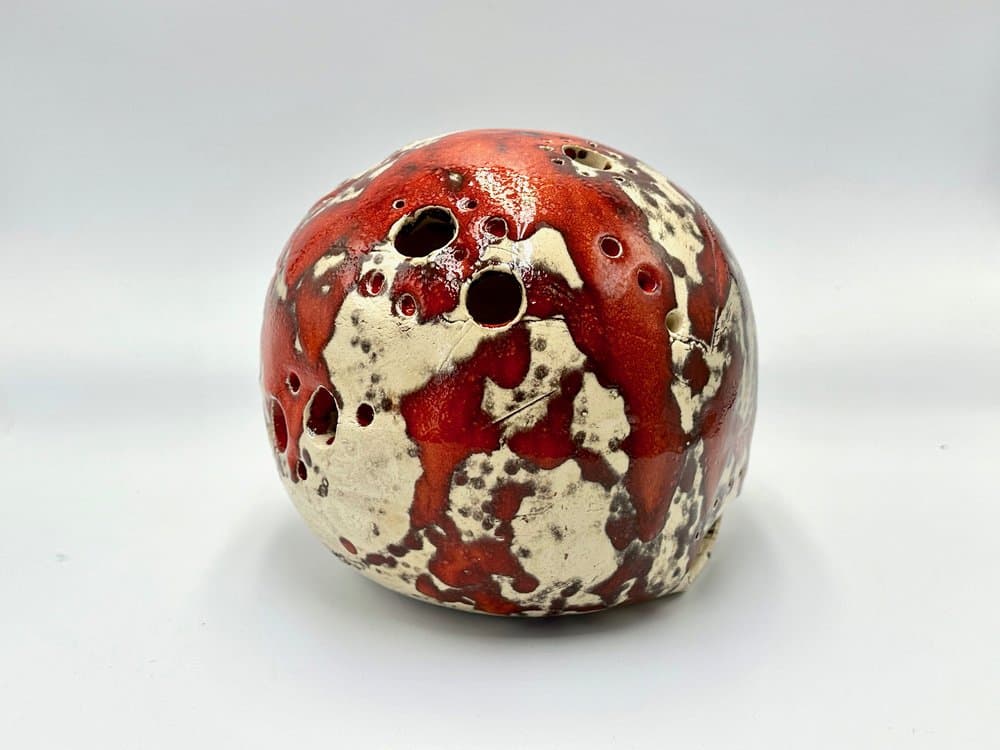 Świecznik kulisty, czerwony, ceramika, Niemcy, lata 70. - 155834