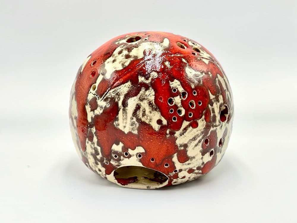 Świecznik kulisty, czerwony, ceramika, Niemcy, lata 70. - 155836