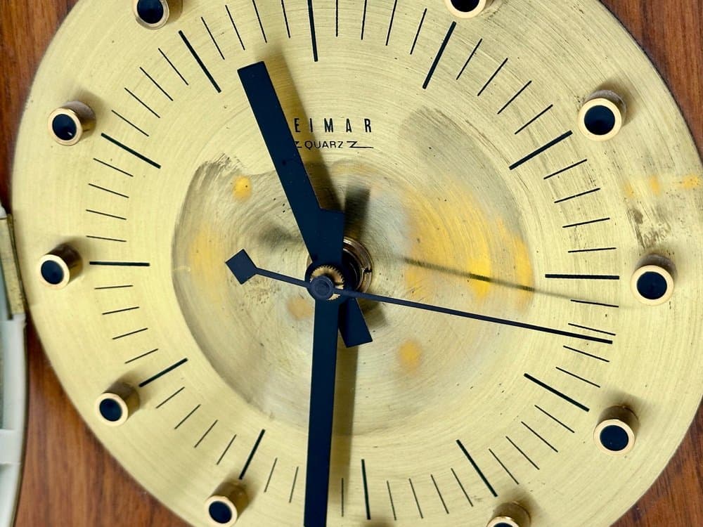 Zegar ścienny, teak brązowy, mosiądz złoty, Niemcy, lata 60. - 155841