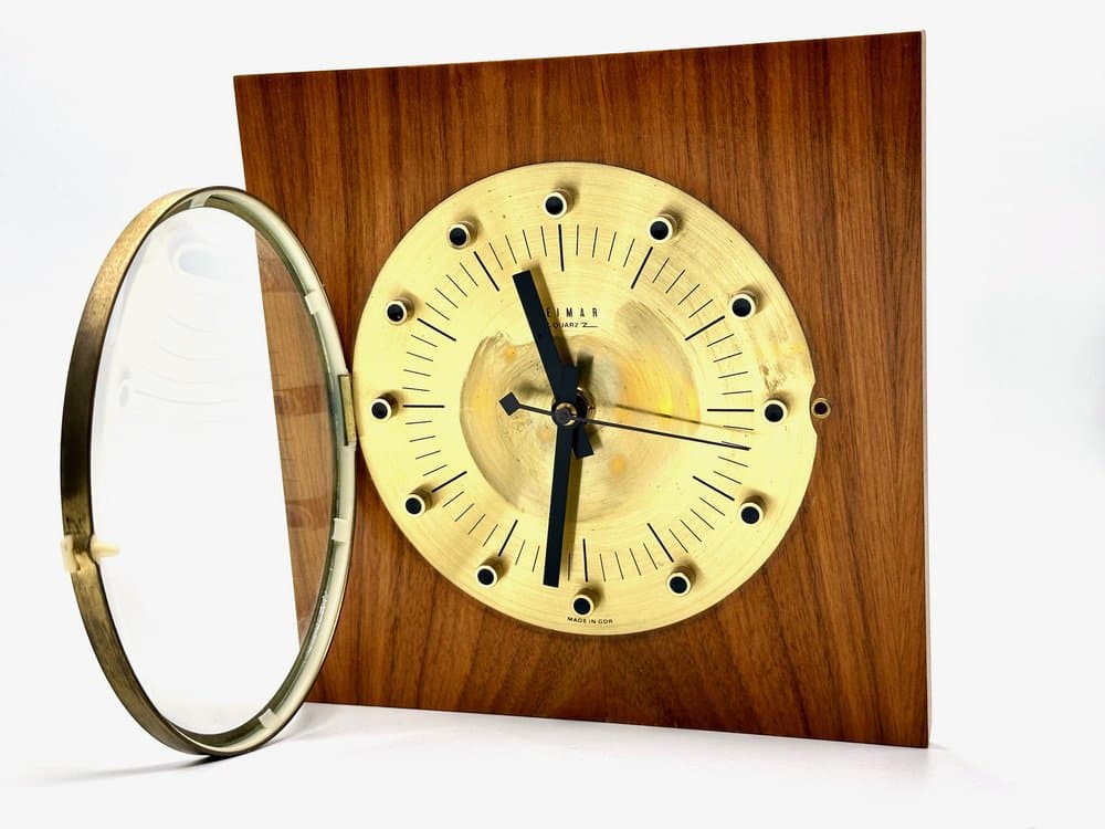 Zegar ścienny, teak brązowy, mosiądz złoty, Niemcy, lata 60. - 155838