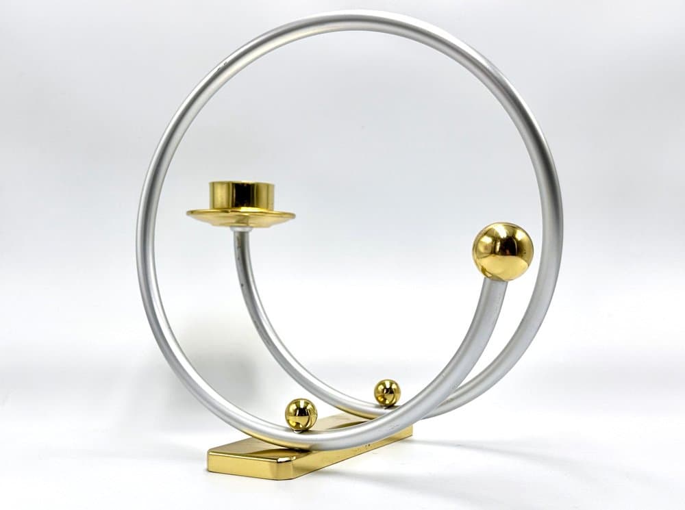 Świecznik postmodernistyczny, aluminium srebrny, mosiądz złoty, Niemcy, lata 80. - 155851