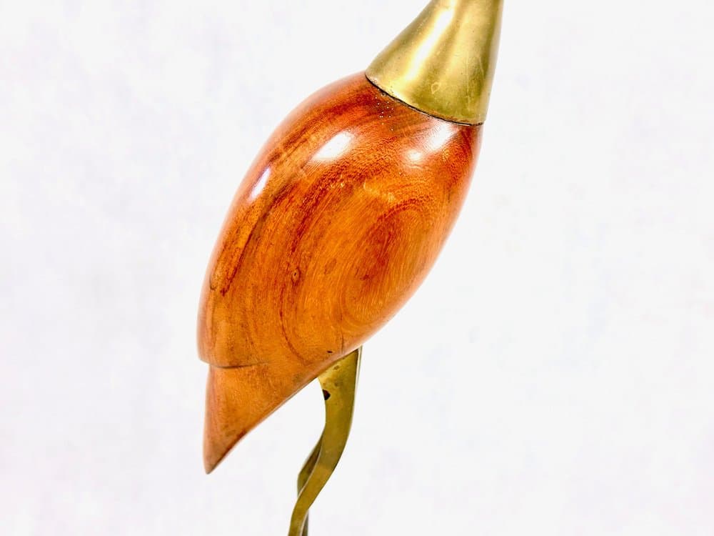 Figurka czapli, teak brązowy, mosiądz złoty, Dania, lata 60. - 155925