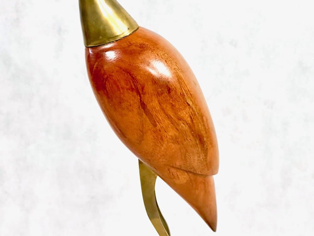 Figurka czapli, teak brązowy, mosiądz złoty, Dania, lata 60. - 155924