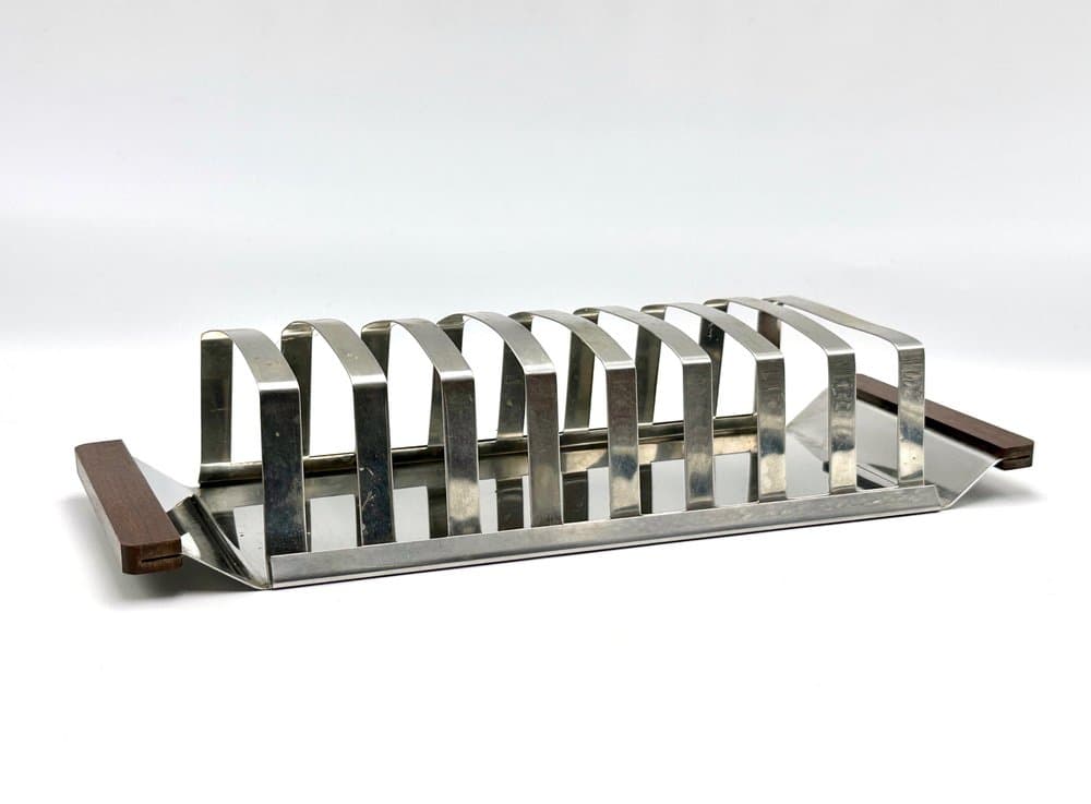 Stojak na tosty, stal chromowana srebrna, teak brązowy, Niemcy, lata 70. - 156006