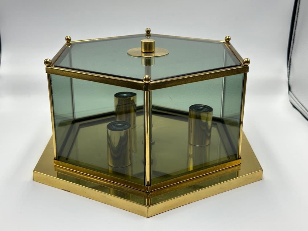 Ceiling lamp, modernist, golden brass, smoked glass, by L. Colani, Germany, 1970s. - 156022