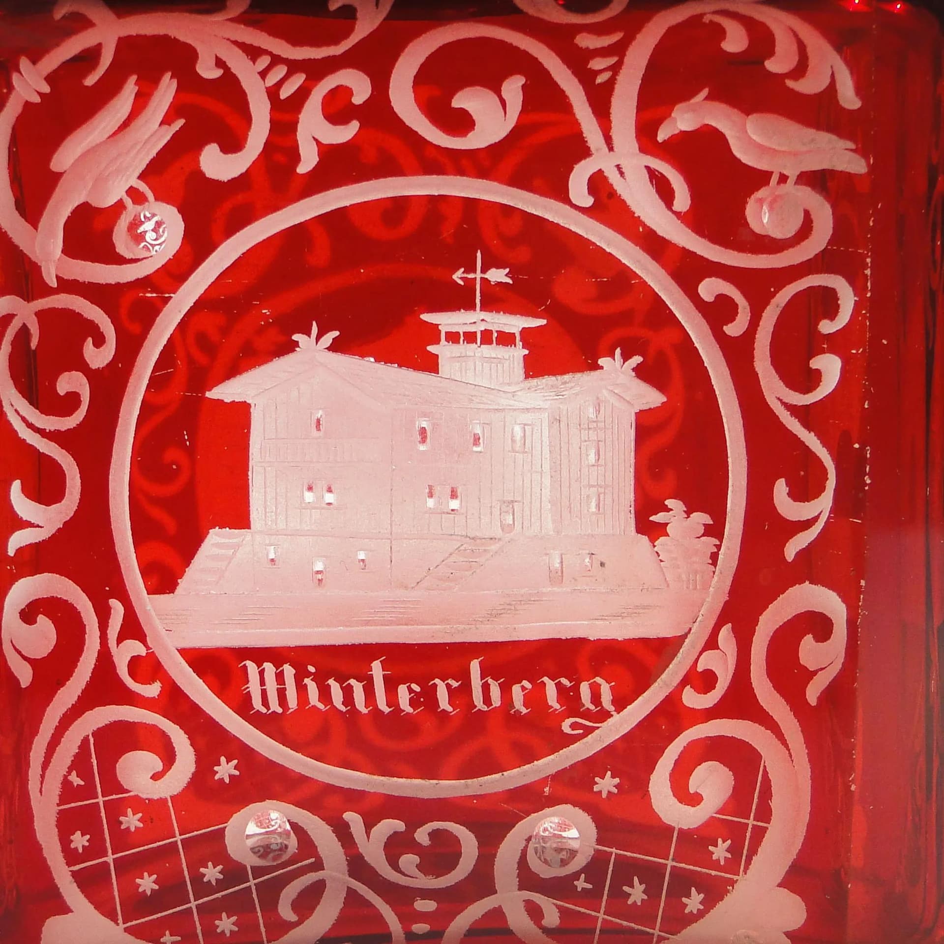 Herbatnica biedermeier, szkło rubinowe, Prusy, Niemcy, XIX w. - 9671